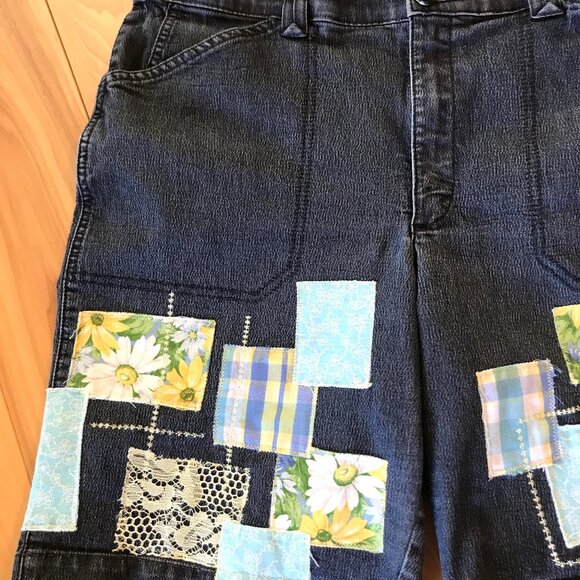 Boho Patchwork Denim Shorts, Size 14: Upcycled Jean Shorts, Decorative Stitching - Picture 5 of 7